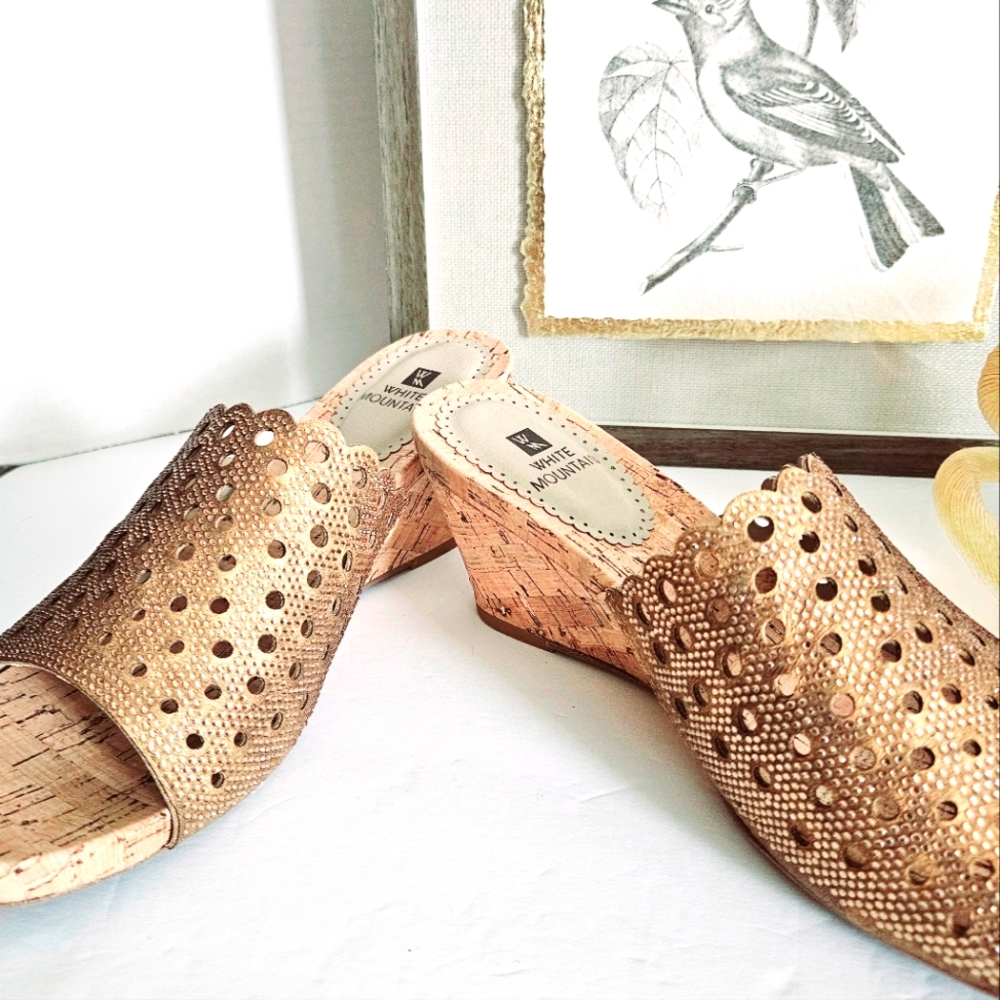 White Mountain Gold Cork Wedge Sandals